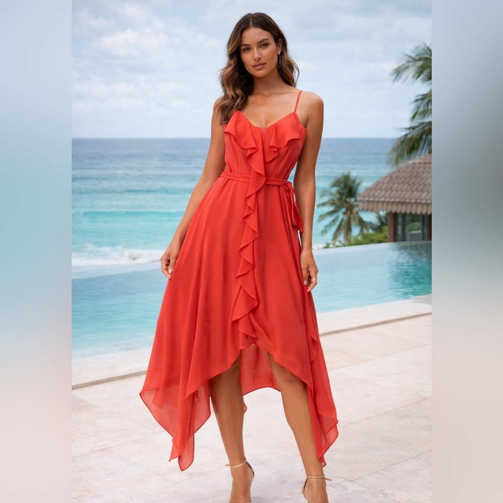 Resort-Ready Coral Chiffon Ruffle Dress | Flowy High-Low Summer Midi